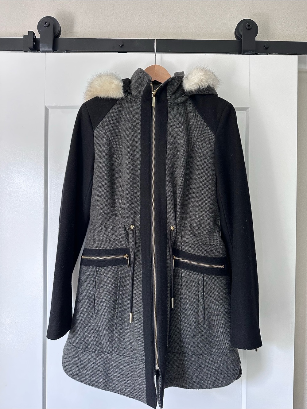 Womens Gray and Black Hooded Coat with Faux Fur Trim (Removable Hood)